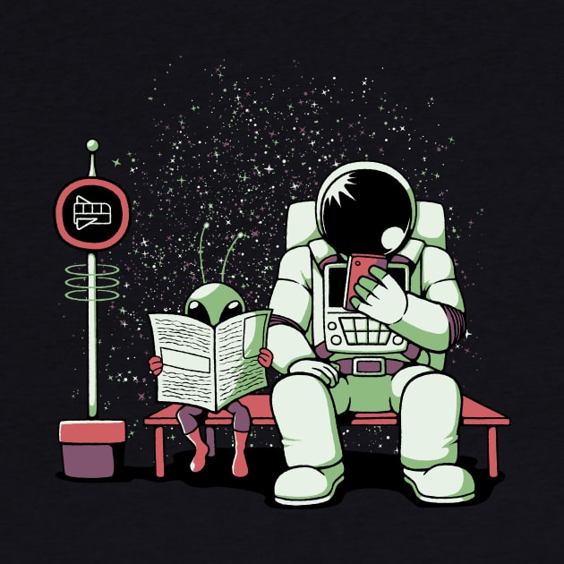 Astronaut In a Bus Stop Funny Alien Reading Newspaper by Tobe Fonseca by Tobe_Fonseca